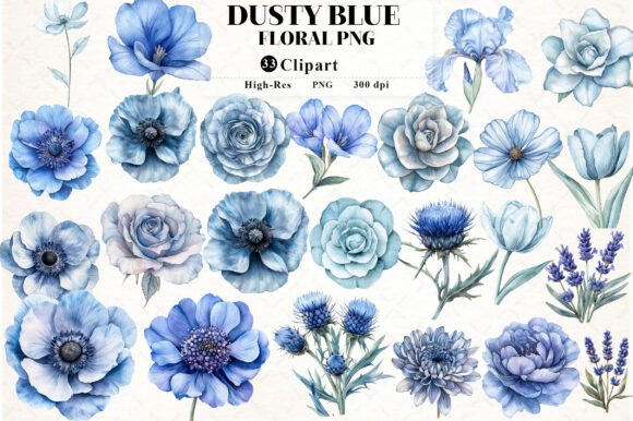 Download Dusty Blue Watercolor Floral Clipart - Floral Collection
