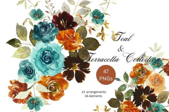 Download Teal &amp; Terracotta Watercolor Floral PNG - Floral Collection